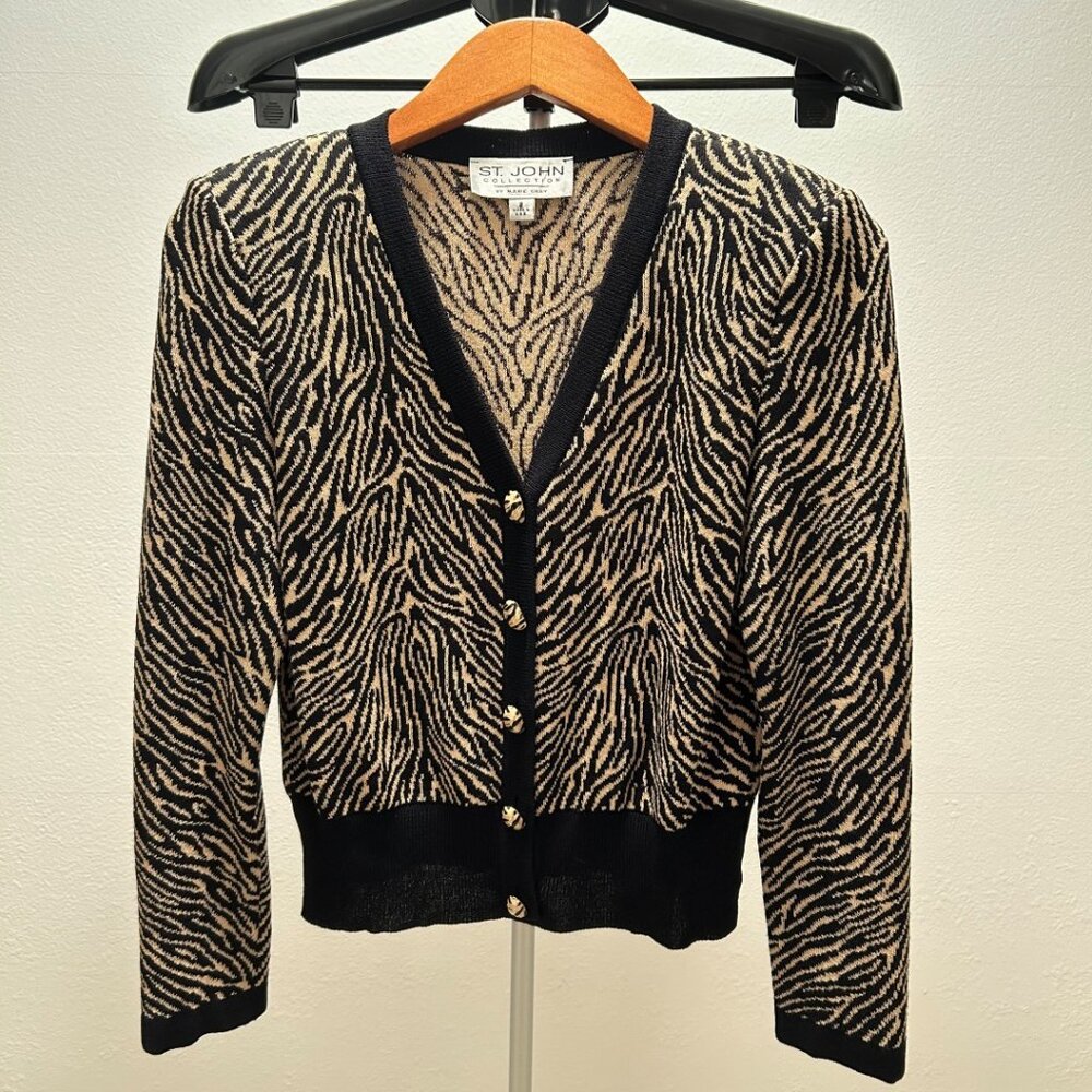 SOLD - St. John Collection by Marie Gray Animal Print Cardigan Sweater - Size 2